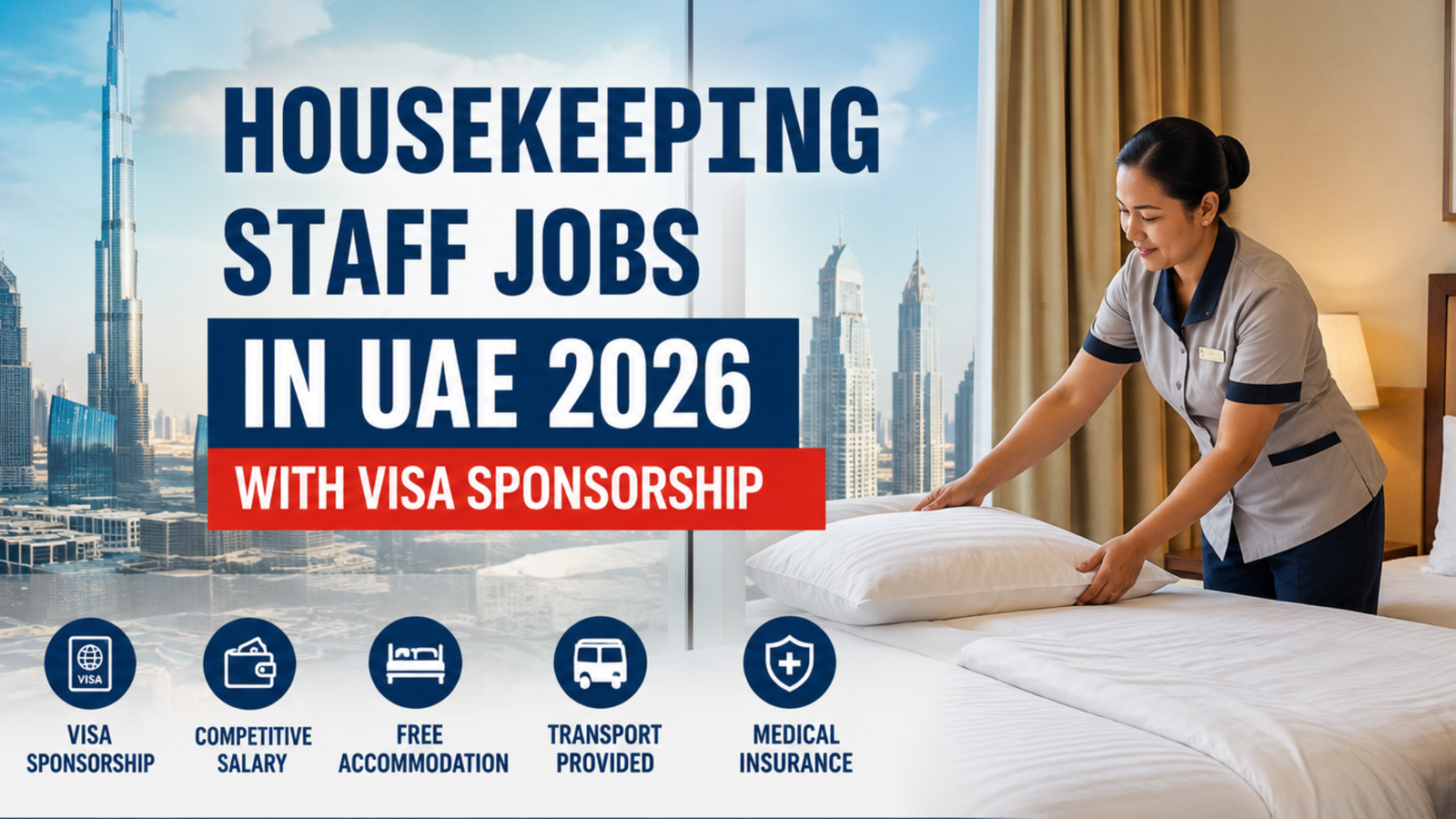 Professional hotel housekeeping staff in UAE with cleaning cart and visa sponsorship job opportunity banner for 2026.